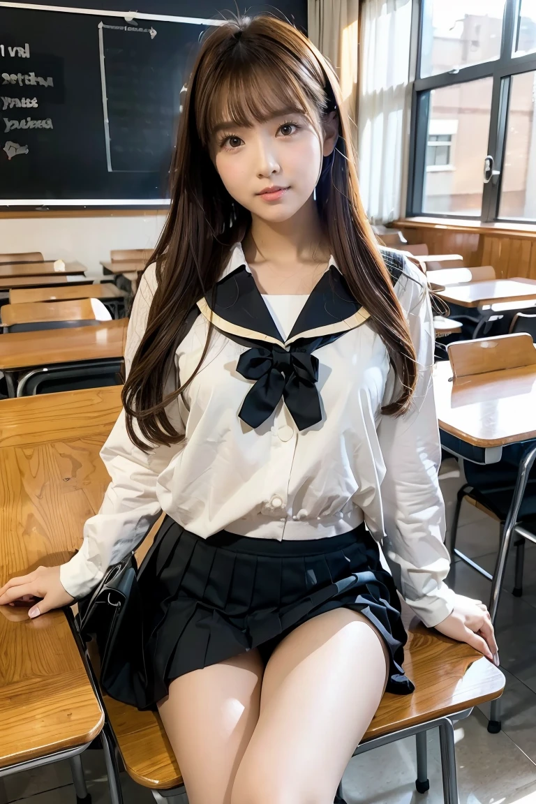 ((masterPiece, best quality)),The best aesthetics,1 girl, , table, sit, school table, brown hair, classroom, long hair, In the building, chair, look at viewer, :P, Focus only, brown eyes, open skirt :1.5, Thin white panties,long sleeve, Pencil, , Pencil case, PaPer, black seraph, multiPle girls, Pleated กระโปรงสั้นมาก, sailor collar, smooth, headrest, school bag, school chair