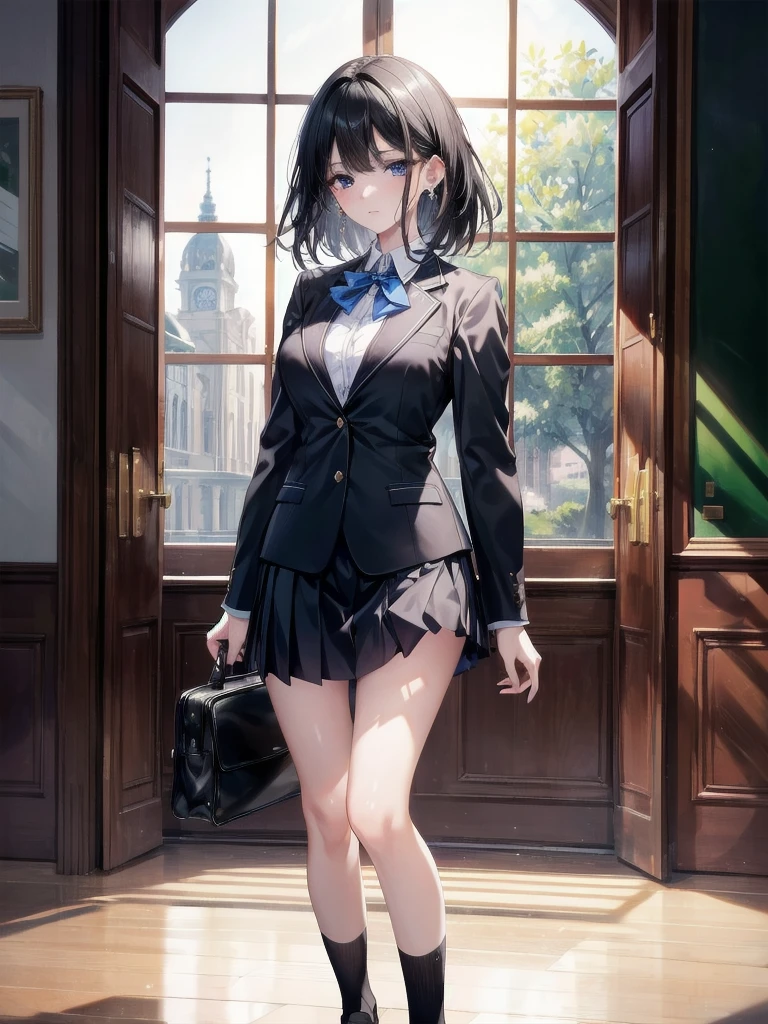 absurdres, RAW photo, extremely delicate and beautiful, masterpiece, Best Quality, ultra high resolution, 32k, hyperrealistic, ultra-detailed, delicate facial features, beautiful detailed woman, tearful mole, earring, medium breasts, (full body shot), medium hair, black hair, (school_uniform), blazer, skirt,