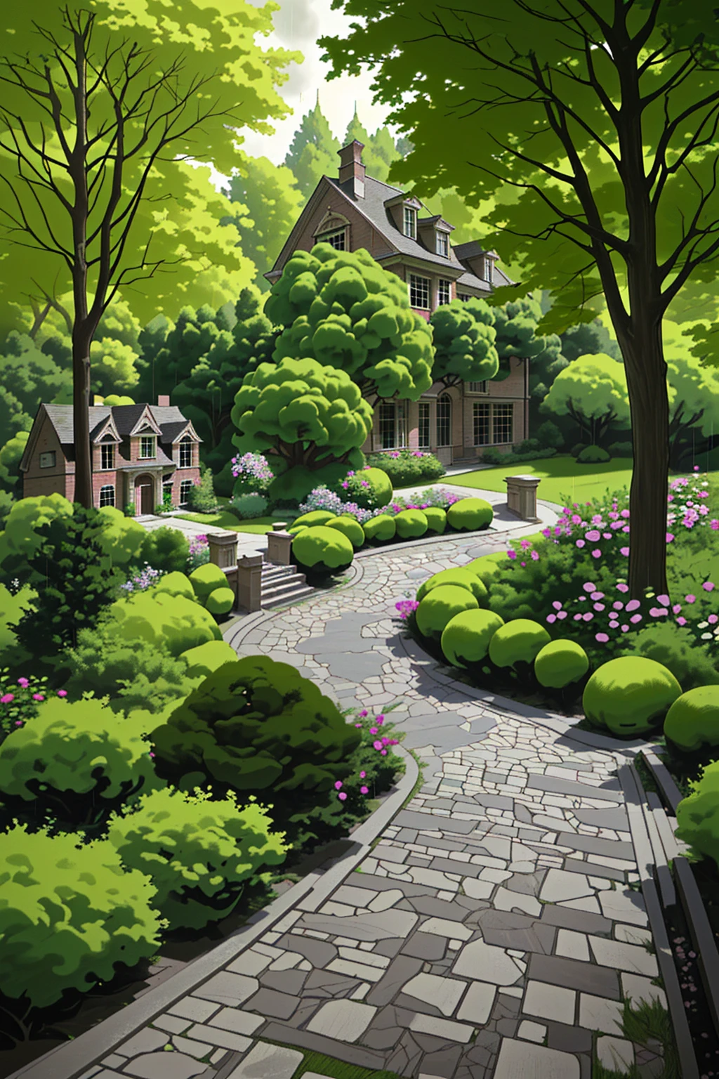 The Romanesque Revival mansion, accessed by a winding stone path, is surrounded by an English garden. There is a dense forest behind the house. There is a dark cloud above the house, which portends a downpour. 