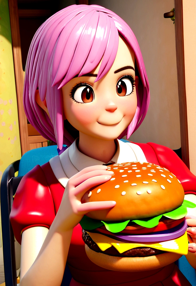 Make a girl, She&#39;s hungry, like Disney cartoon, She is eating hamburger, pixar, ..3d, Disney