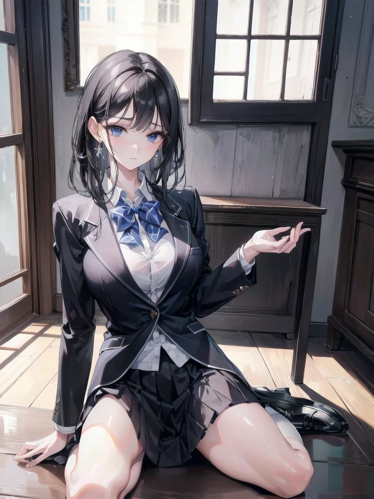 absurdres, RAW photo, extremely delicate and beautiful, masterpiece, Best Quality, ultra high resolution, 32k, hyperrealistic, ultra-detailed, delicate facial features, beautiful detailed woman, tearful mole, earring, medium breasts, (full body shot), medium hair, black hair, (school_uniform), blazer, skirt,