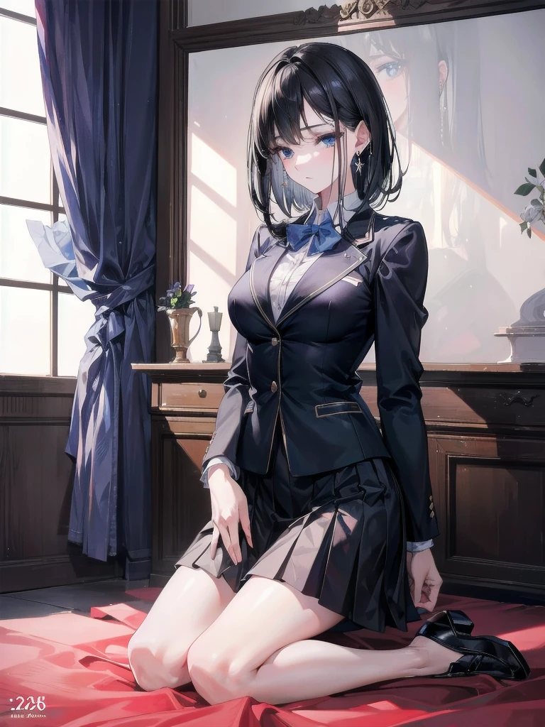 absurdres, RAW photo, extremely delicate and beautiful, masterpiece, Best Quality, ultra high resolution, 32k, hyperrealistic, ultra-detailed, delicate facial features, beautiful detailed woman, tearful mole, earring, medium breasts, (full body shot), medium hair, black hair, (school_uniform), blazer, skirt,