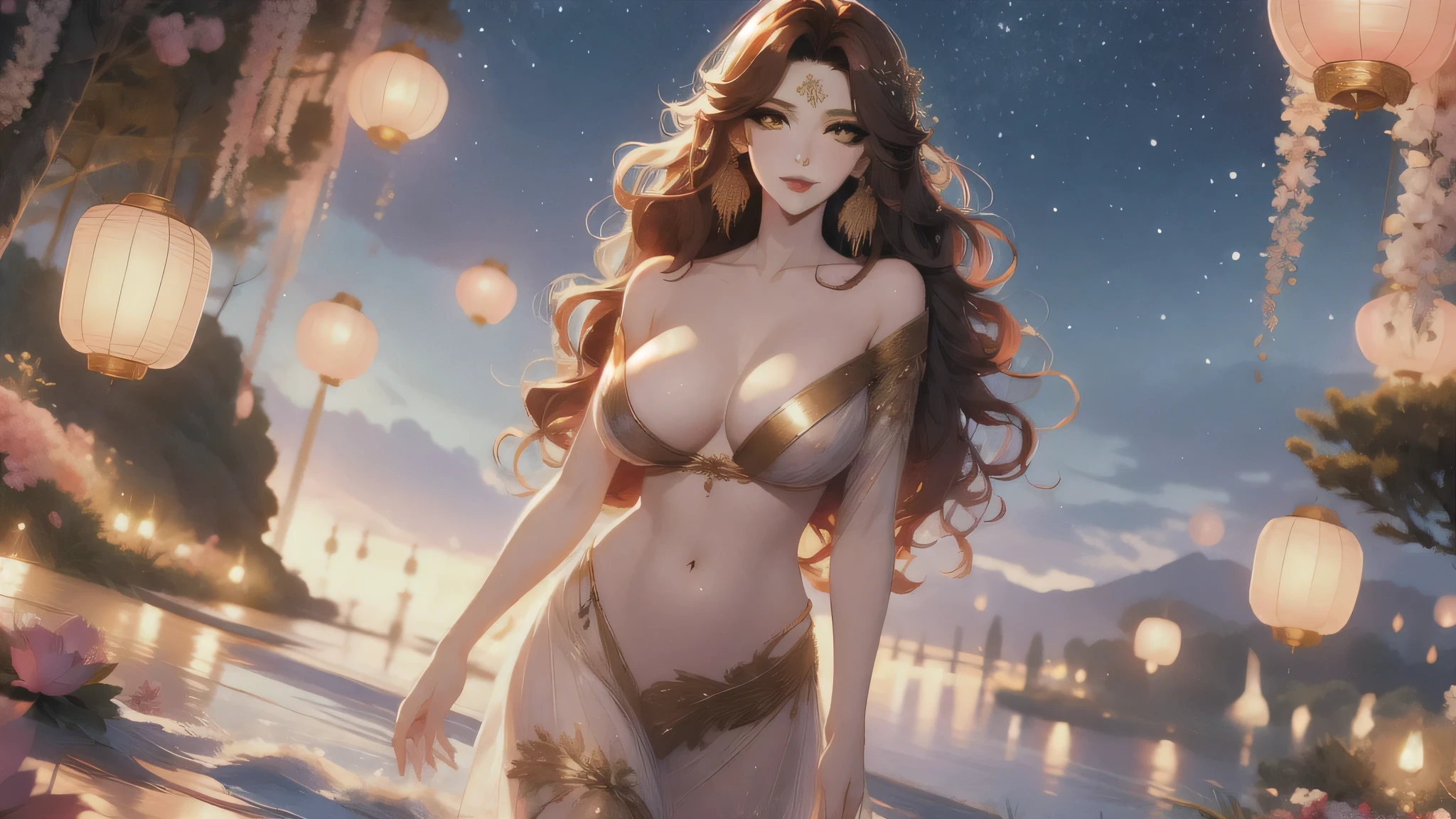 UHD, textured skin, high detail, anatomically correct, SOLO, 1 female, Xian mei, unique golden eyes, long red curly hair, jewelry, round, big breasts, perfect anatomy, walking by the lake, clear water nude, nude, sexy, hot , stars at night, shooting stars, wonderful sky, dear night sky,