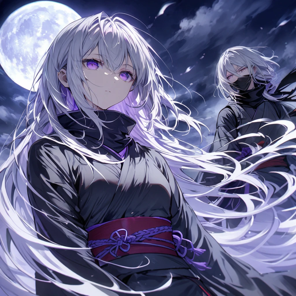 Long silver hair, expressionless, black ninja, full moon, purple eyes