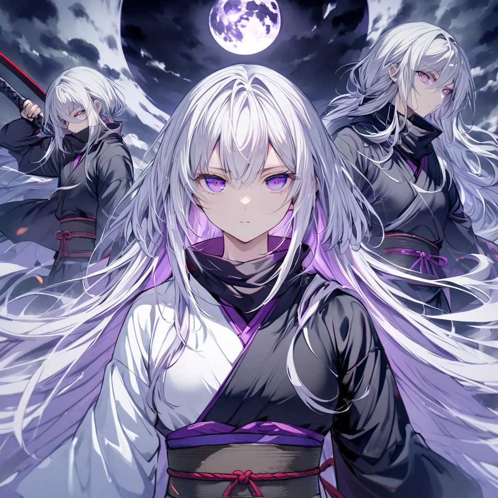 Long silver hair, expressionless, black ninja, full moon, purple eyes