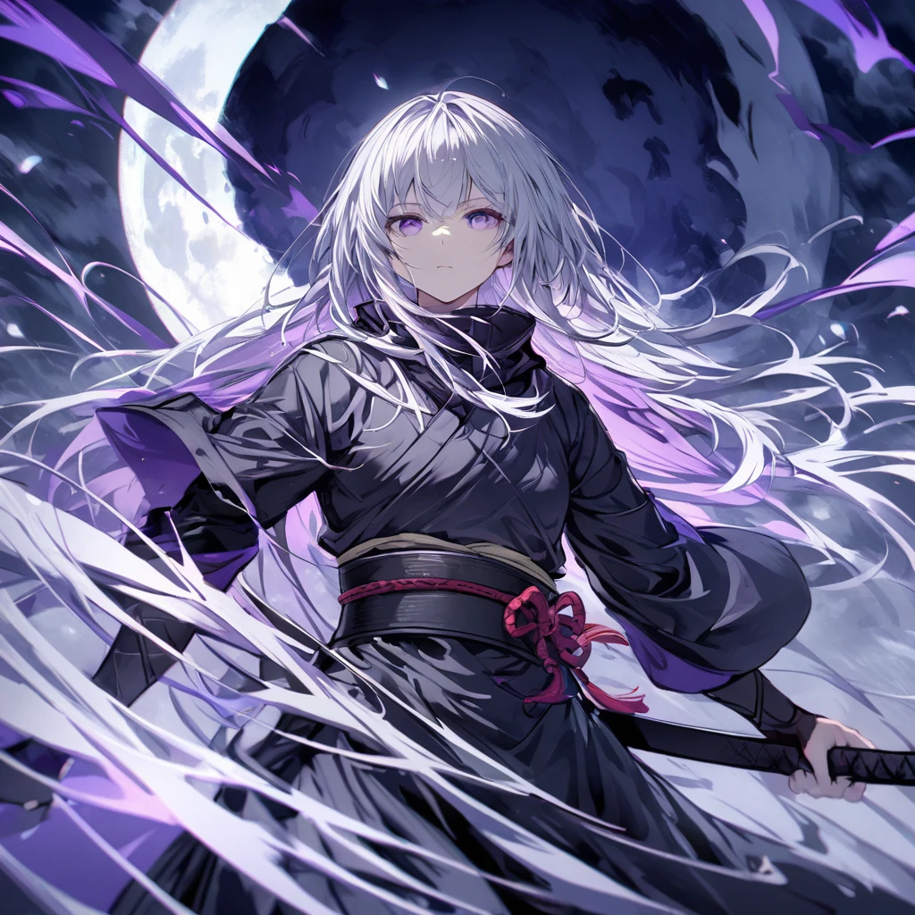 Long silver hair, expressionless, black ninja, full moon, purple eyes