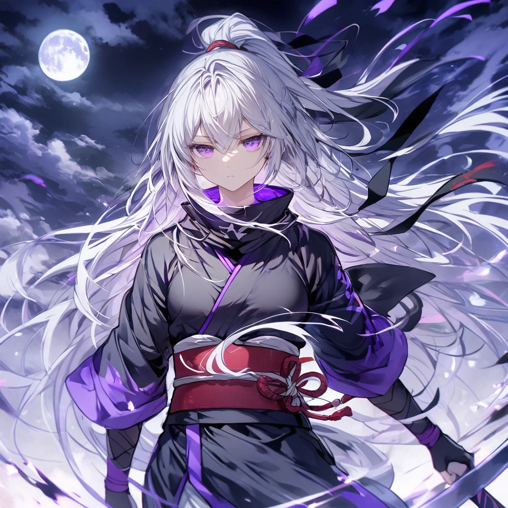 Long silver hair, expressionless, black ninja, full moon, purple eyes