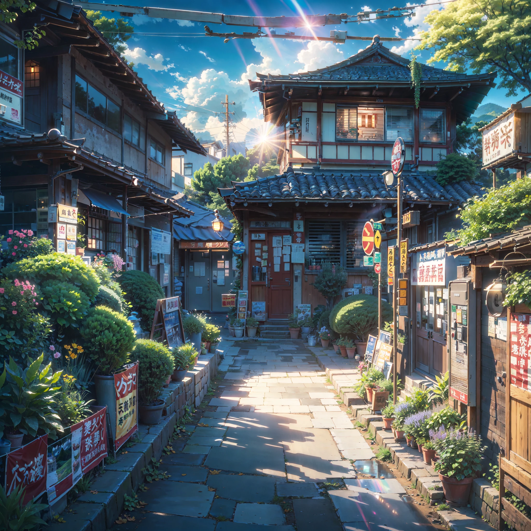 anime scenery of a street with a path and a house, high detail, anime, anime style, sparkle, cinematic lighting, god rays, glowing light, reflection light, close-up, lens flare, masterpiece, high details, best quality, super detail, high quality, anime background, anime wallpaper, sunny weather, bright blue sky, dramatic lighting, (((anime scenery of a street with a path and a house))), ((countryside)), ((rural)), (japanese shop signs), (japanese signs), (japanese banners), (banners), (plant pots), (plants), (trash cans), (vending machine), ((night time)), (((no one))), (((no people)))