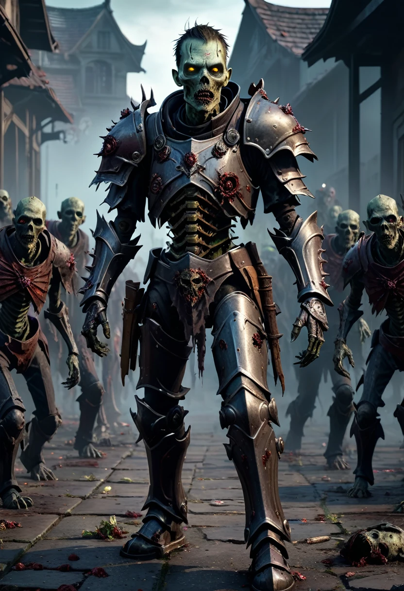 (master piece), 8k, best quality, panoramic view, full body view, undead, zombie with partial, armor, undead with broken armor, only some armor on undead