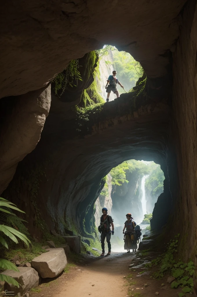 Illustrate the moment when João and his friends find a secret entrance to a mysterious cave.