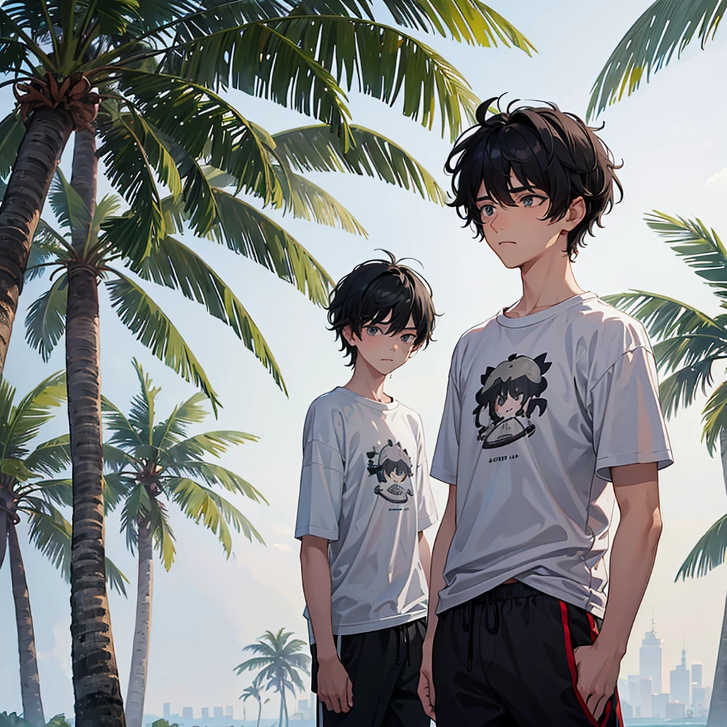a ager of approximately 16 y is sad because of the end of a relationship. He has facial hair, but very little, he is a person of approximately 1.70 meters tall, and has short wavy and somewhat "curly" black hair, he is very sad, and is wearing a gray t-shirt with drawings of coconut trees. small black ones, and he's also wearing light gray sweatpants, and he's sad