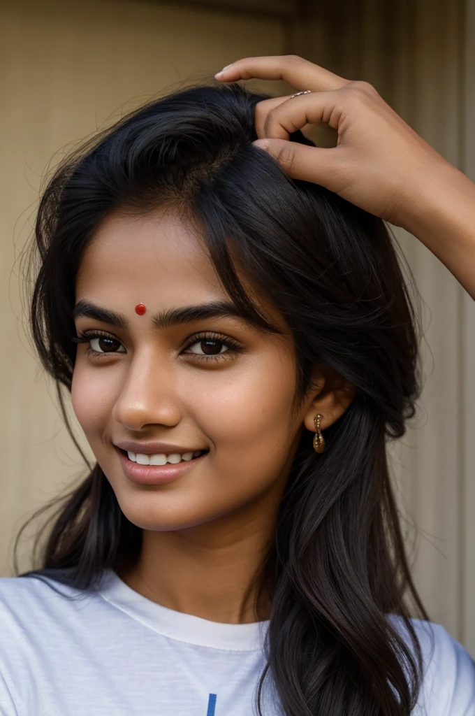 ((best quality)), ((masterpiece)), (detailed), perfect facephotorealistic portrait of a young Indian woman, 20 years old, showcasing her small facial features, medium black hair, looking straight,light skin tone, small nose, and a captivating smile, styled in a casual jean & t-shirt ensemble. The model is depicted in a side-profile shot, centering on her facial details, including a distinctive mole on her lips, with high-resolution quality enhancing her appearance, and the lighting capturing her natural beauty effortlessly.