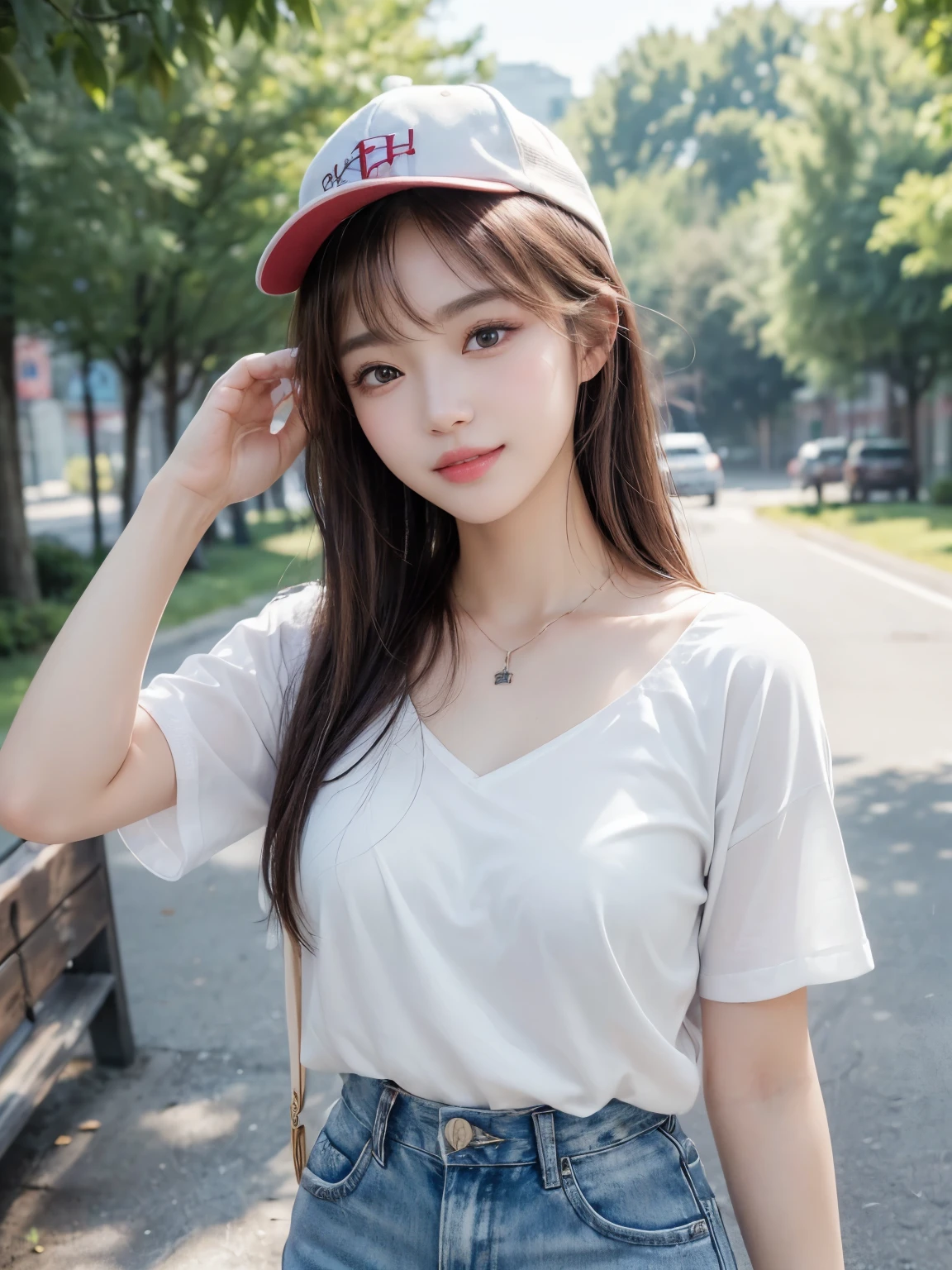 ((masterpiece: 1.3),8K, Realistic, RAW Photos, Highest quality: 1.4), (One Girl), beautiful顔, (Realistic Face), (Brown long hair: 1.3), bangs, Anatomically correct fingers、Anatomically correct hand、((Summer Park))、(((During a walk、whole bodyショット、Short sleeve,Cap Hat))、Perfect dynamic composition,(High quality with attention to detail, Realistic depiction of eyes:1.3)、whole body、The whole is facing forward、21talent、beauty、Well-formed face、Bangedium Build、Balanced ratio、beautiful足、Fresh face、beautiful景色、beautifulヘアスタイル, (bangs), (smile), smile, Realistic eyes, Gloss, highlight, highlight in the Eyes, eyelash, 目の中のbeautifulディテール, (Realistic Skin), Shooting from the air、beautiful肌, Transparency、(beautiful)、 bust, smile, teeth, Confused, charm, 超High resolution, Ultra-realistic, High resolution, Golden Ratio, Clear eyes, Wet, Mole, Looking into the camera, ear, Shine, Long neck, double eyelid, Big eyes, cheek, kind character, charm personality, kind, Move, 圧倒的なcharm, bright personality