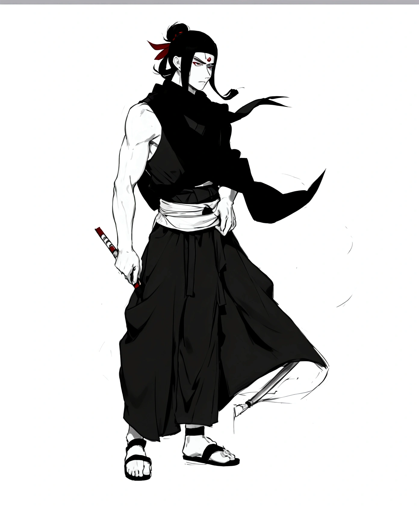 a drawing of a young man in a school kimono, full body concept, dressed with long fluent clothes, using a scarf, long hair using a kanszashi stick in the hair to hold the hair bun decorated with a red ribbon and a feather, wear socks and sandals, strong, exposed arms, holding a socket adaga inspirada na arma do personagem asuma Sarutobi na mão direita, look serious and worried, holding a socket/kunai in right hand pointing backwards, holding a dagger in his right hand with a socket, holding tekko socket weapon inspired by the character Asuma's kunai