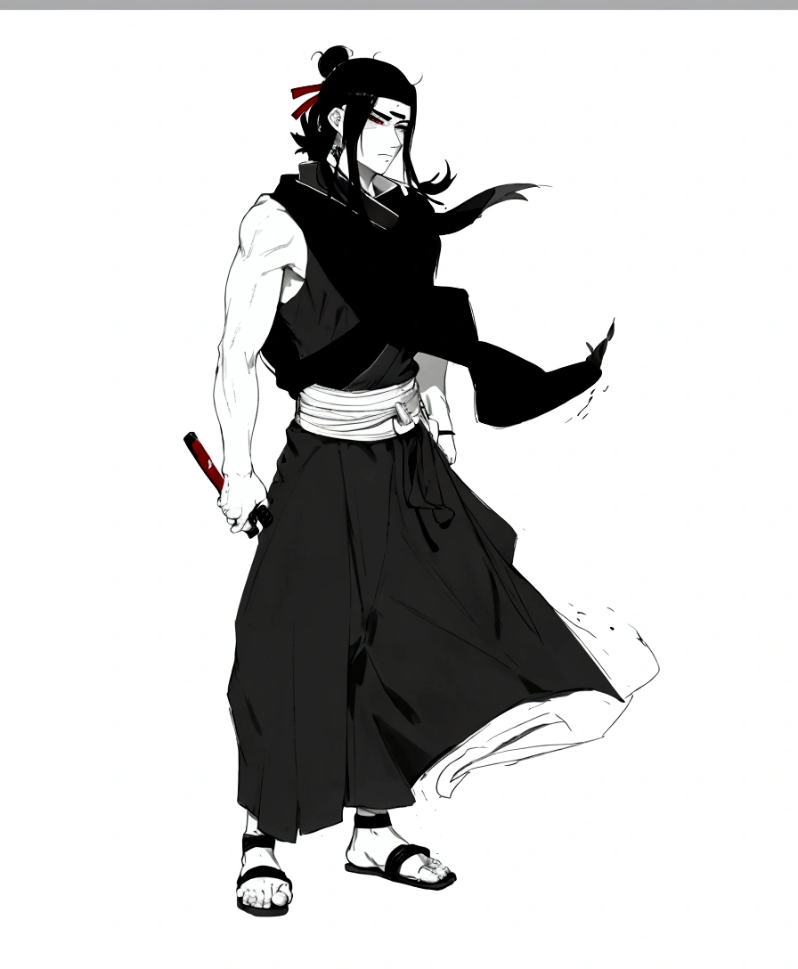 a drawing of a young man in a school kimono, full body concept, dressed with long fluent clothes, using a scarf, long hair using a kanszashi stick in the hair to hold the hair bun decorated with a red ribbon and a feather, wear socks and sandals, strong, exposed arms, holding a socket adaga inspirada na arma do personagem asuma Sarutobi na mão direita, look serious and worried, holding a socket/kunai in right hand pointing backwards, holding a dagger in his right hand with a socket, holding tekko socket weapon inspired by the character Asuma's kunai