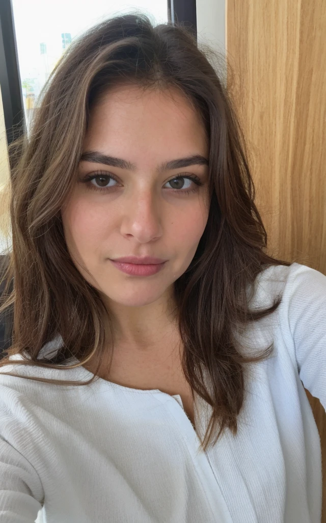 Довольно красивая русская девушка делает selfie, looking at the camera , selfie, LF, Very detailed, 19 years, innocent face, Brown hair, naturally wavy hair, Brown eyes, A high resolution, masterpiece, へそが見えている