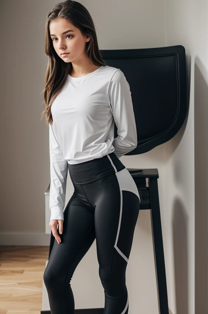 White teenager in black leggings and dark gray long sleeve shirt touching her