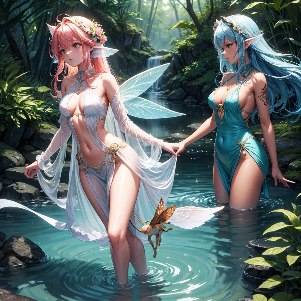 A water fairy with brown skin and tattoos of pink flowers on her body. She has flowing hair, delicate wings with a watery sheen and wears a dress that appears to be made of water. The fairy is lovingly approaching a tricolor cat, which has patches of white fur, black and orange. The scene is set in a lush, enchanted forest., by a sparkling stream, with soft light filtering through the trees.
