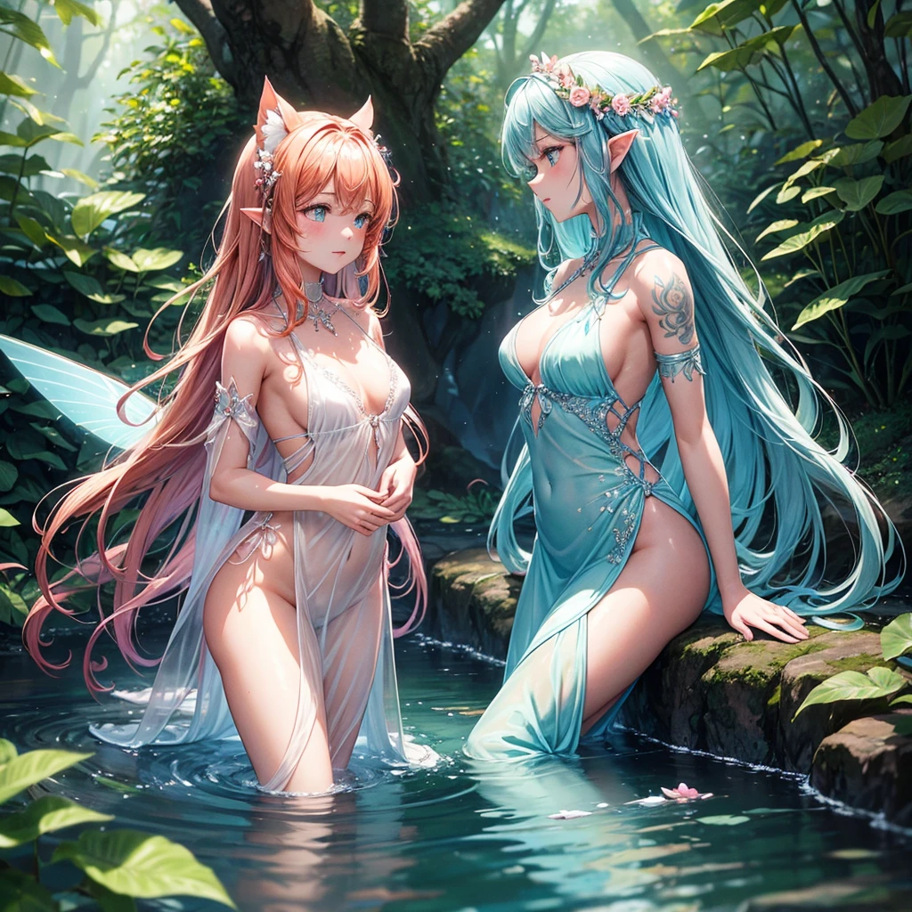 
A water fairy with brown skin and tattoos of pink flowers on her body. She has flowing hair, delicate wings with a watery sheen and wears a dress that appears to be made of water. The fairy is lovingly approaching a tricolor cat, which has patches of white fur, black and orange. The scene is set in a lush, enchanted forest., by a sparkling stream, with soft light filtering through the trees.