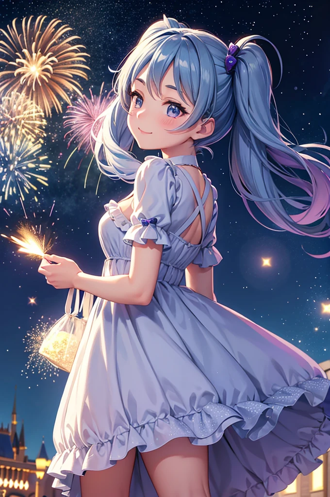 Disneyland Fireworks、Fireworks over Cinderella Castle、One girl，Expose the whole body，Nice face，Dark Eyes、Light blue long hair、Beautiful girl with twin tails，Fireworks across the sky、Bright smile、Warm and soft lighting，Night Sky，Starry Sky