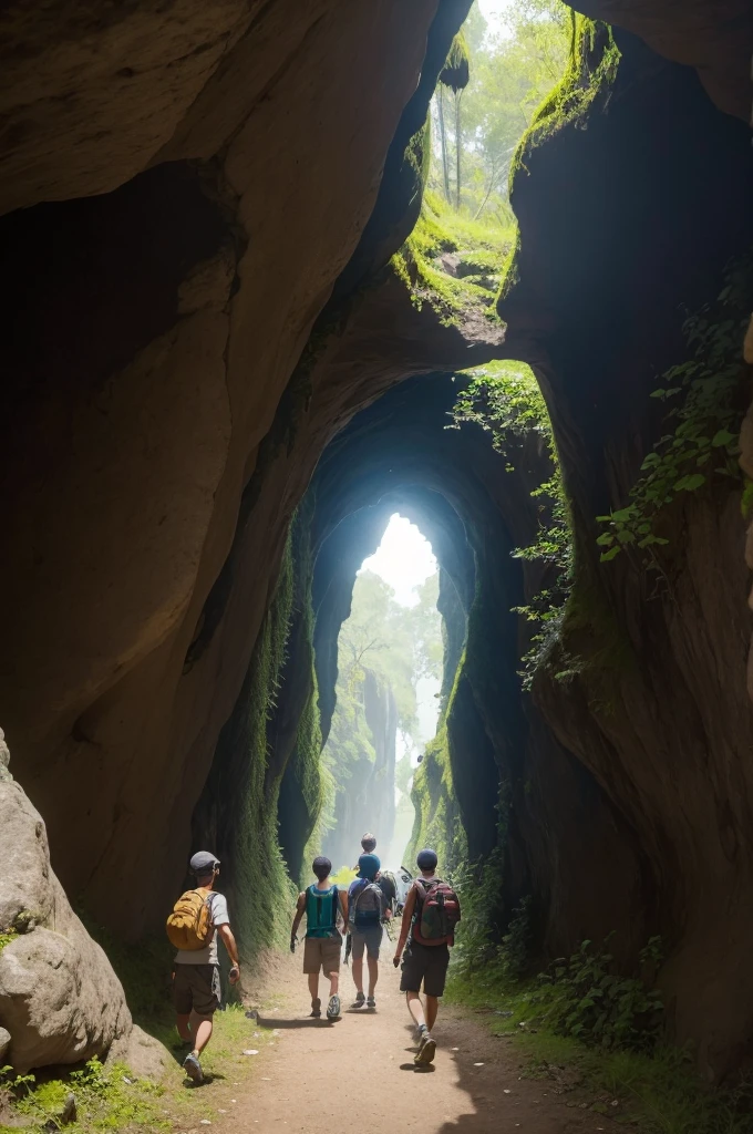 Illustrate the moment when João and his friends find a secret entrance to a mysterious cave.