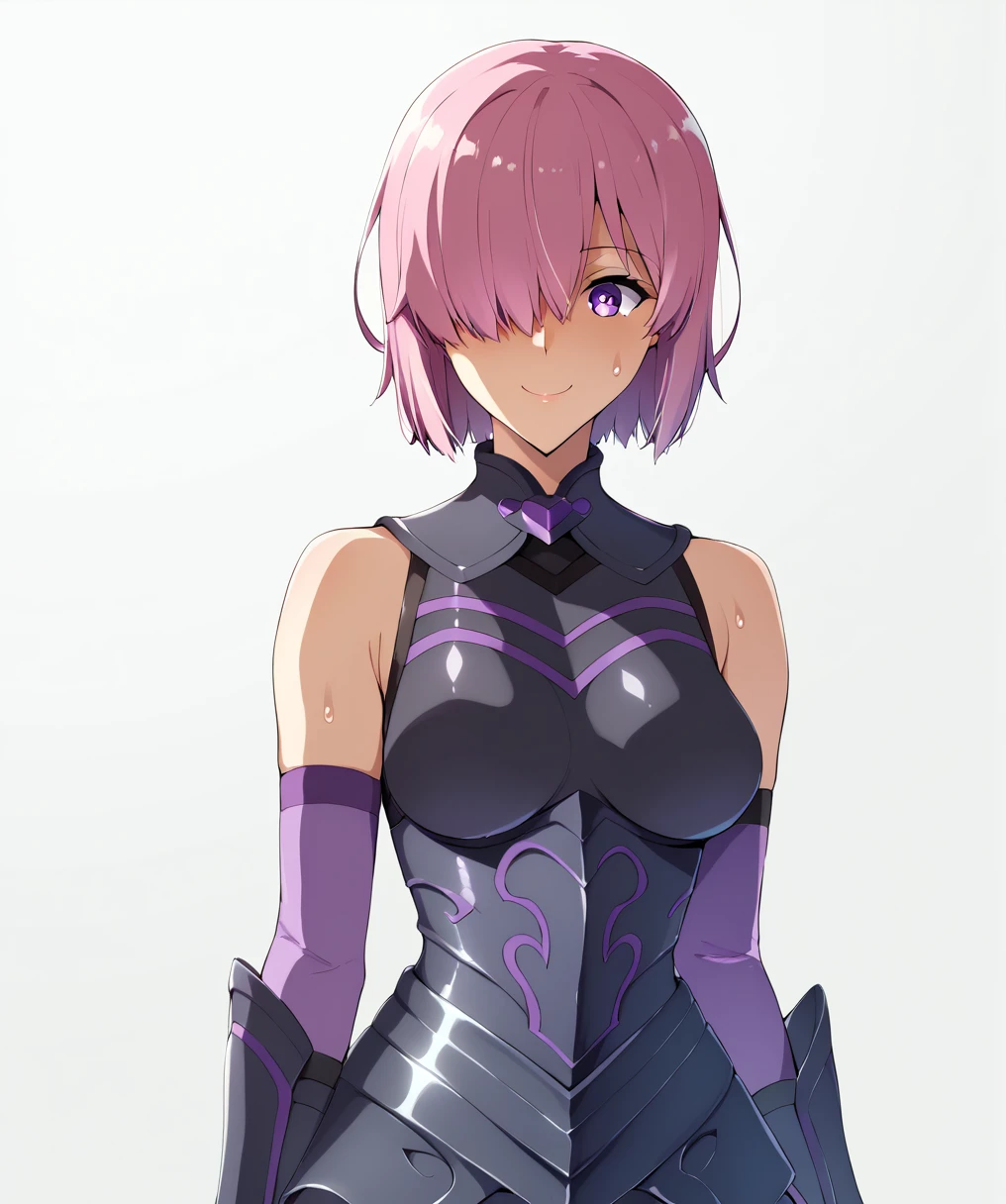 whole body、mash kyrielight, short hair, purple eyes, pink hair, hair over one eye,gloves, bare shoulders, elbow gloves, armor, black armor,smile、Ultra-detailed illustrations、Ultra-precise expression、masterpiece、Highest quality、ultra High resolution、High resolution、Hiromitsu Takeda Style、White background、Simple Background、whole body、One girl、solo、White Breath、Sweat、Glowing Skin、shiny skin、Front angle、View your viewers、stand、