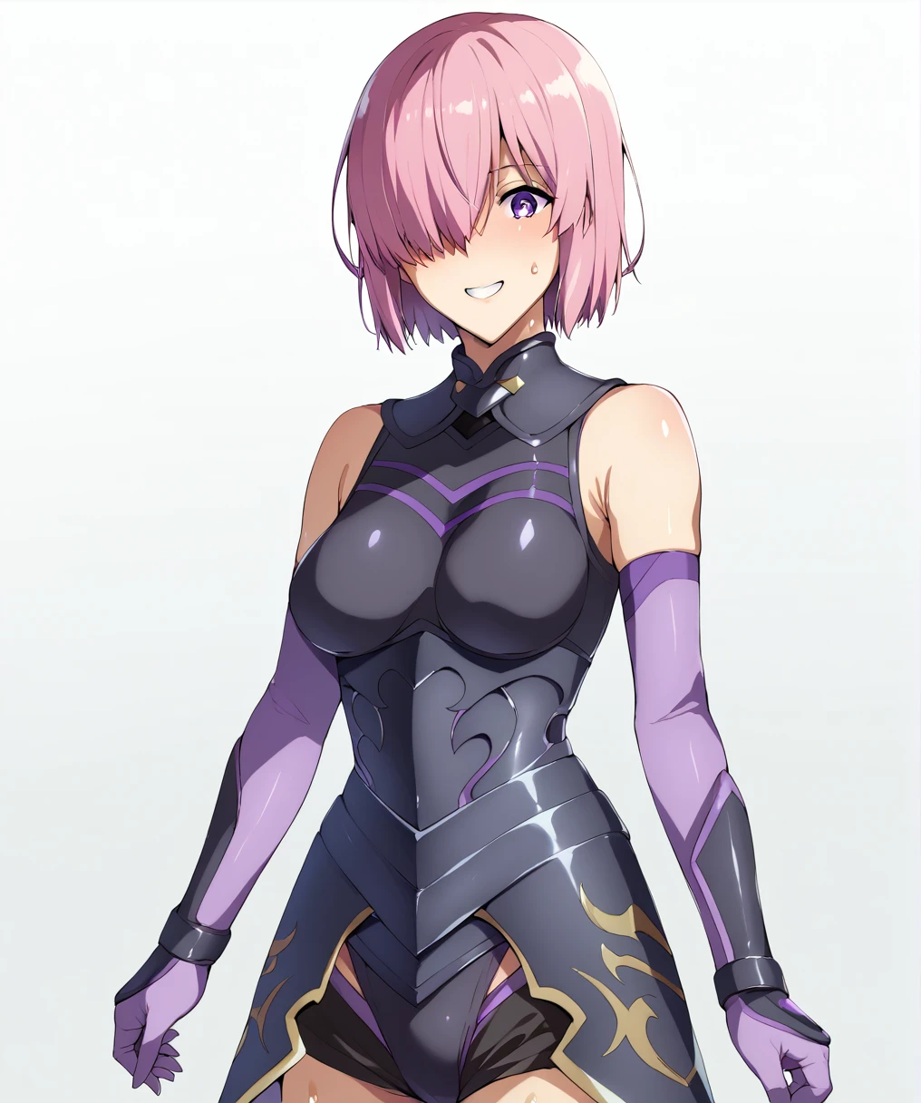 whole body、mash kyrielight, short hair, purple eyes, pink hair, hair over one eye,gloves, bare shoulders, elbow gloves, armor, black armor,smile、Ultra-detailed illustrations、Ultra-precise expression、masterpiece、Highest quality、ultra High resolution、High resolution、Hiromitsu Takeda Style、White background、Simple Background、whole body、One girl、solo、White Breath、Sweat、Glowing Skin、shiny skin、Front angle、View your viewers、stand、