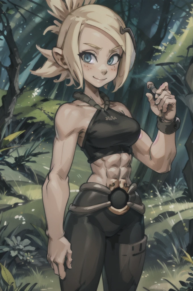 best quality, masterpiece,  (((sfw))), evangelyneyoung, smile, looking at viewer, black clothes, forest background, blonde hair, very strong abs