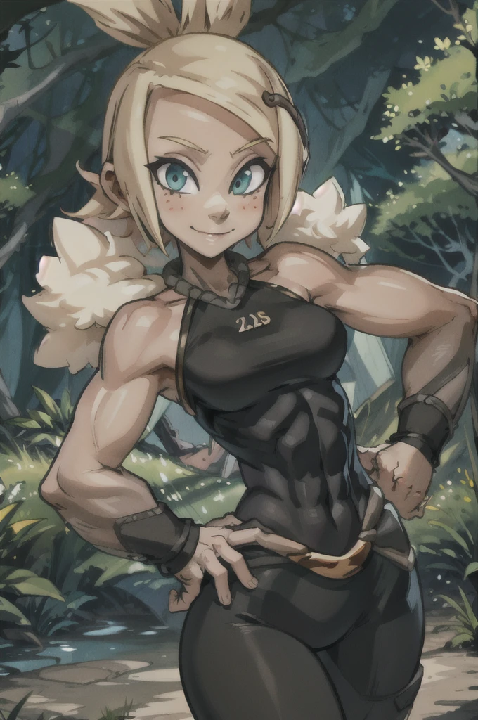 best quality, masterpiece,  (((sfw))), evangelyneyoung, smile, looking at viewer, black clothes, forest background, blonde hair, very strong abs