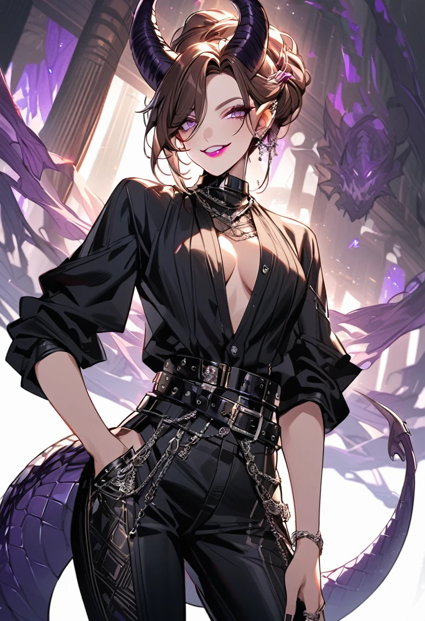 Tall woman, cheeky mad smile, brunette, hair gathered in a low bun, red and black clothes with open chest, purple eyes, dragon tail and horns, belts, pants, many details, light lipstick