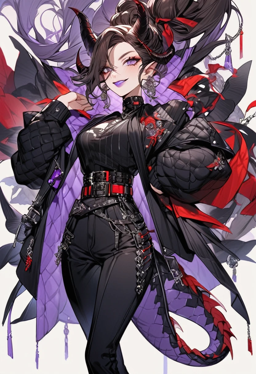 Tall woman, cheeky mad smile, brunette, hair gathered in a low bun, red and black clothes with open chest, purple eyes, dragon tail and horns, belts, pants, many details, light lipstick