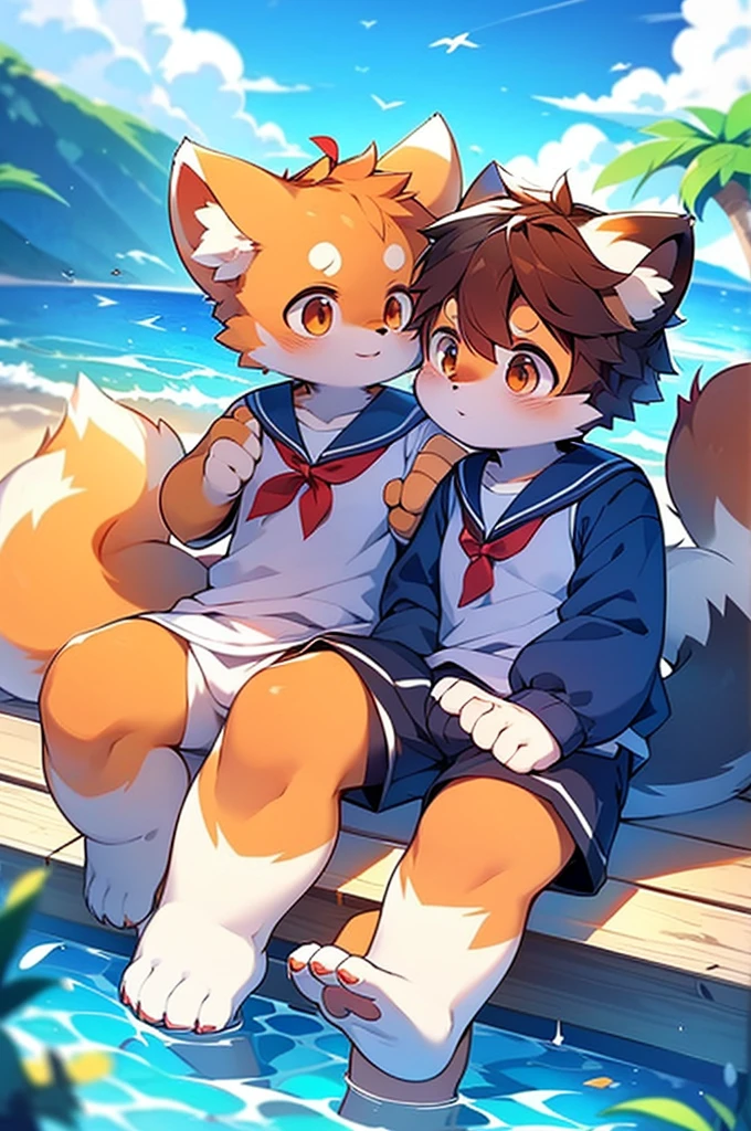 Male Red Panda, Ocean, Appeared wearing a sailor uniform! One in heat, Sitting,空を飛ぶ，青い光