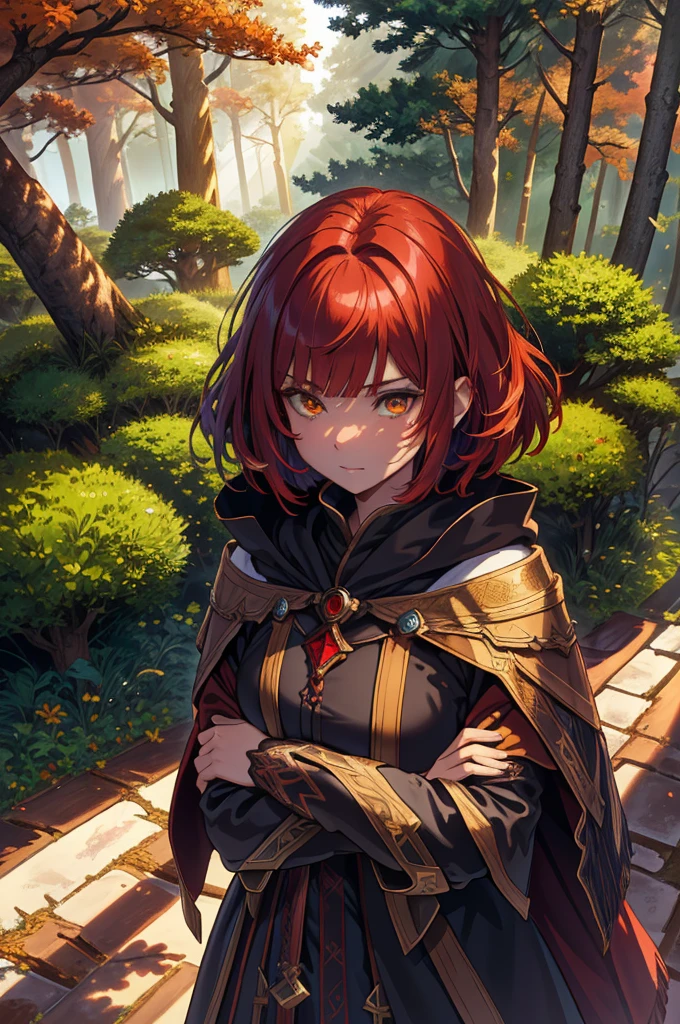 (extremely detailed CG unity 4k wallpaper),(masterpiece),(best quality),(ultra-detailed),(best illustration),(best shadow),(absurdres),(detailed background), Dark Fantasy forest setting, Shoulder length Red hair (Bob cut), Red and Amber eyes, priestess cloak, neutral expression, close up, Circlet, hands clasped,