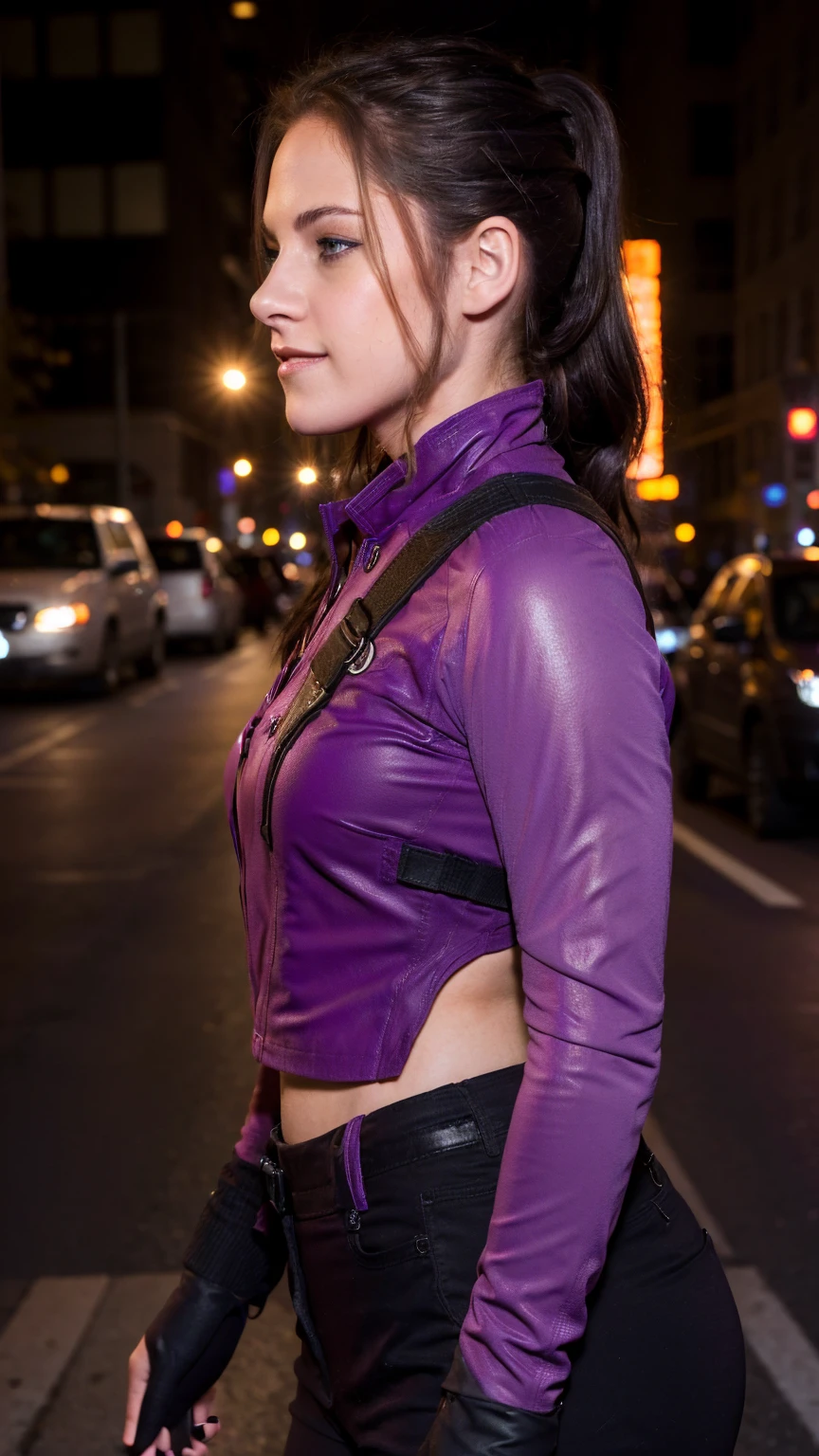 (masterpiece), (photorealistic1.4), (epiCRealLife), (lora:KateBishopFNLoRA:1.0 Purple costume), (gloves), (Kate Bishop Purple Costume),, (epiCFlashPhoto), (medium height), (bow & arrow), (medium figure), (night time), (ponytail), (Kristen Stewart smile), (young woman), (on the street), (close up), (flashphoto), (flash photography), (make up), (at night), (cowboy shots), (kst3w-v2 demure)