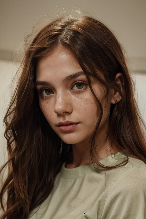 young woman, 21 years. Dark yellow skin, medium beige. long, slightly wavy hair, wine red hair, wine hair, wine hair escuro . Wispy straight bangs. realistic green eyes, eyes glowing green. fleshy lips, flushed lip. slightly rounded face. long and voluminous eyelashes. no-makeup, Make-up natural, freckles on the nose, lightly flushed cheeks. Wearing a short-sleeved army green blouse.