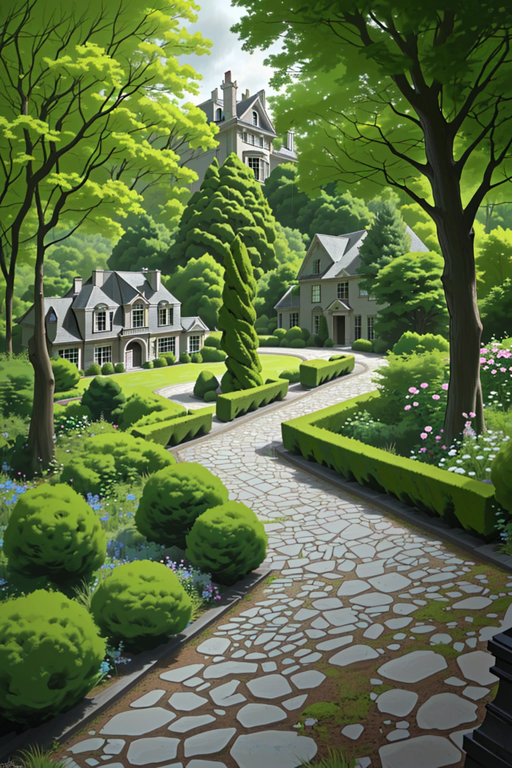 The Romanesque Revival mansion, accessed by a winding stone path, is surrounded by an English garden. There is a dense forest behind the house. There is a dark cloud above the house, which portends a downpour.
