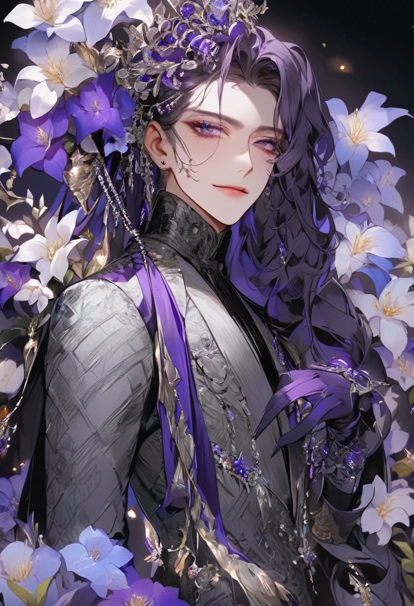 Boy, beautiful facial features, smile, squinted siren dark blue eyes without glare, silver and dark purple long hair with straight bang, fantasy black fit suit with blue and purple elements, long black gloves, model, gorgeous, elegant, lots of silver jewelry, flowers in his hair