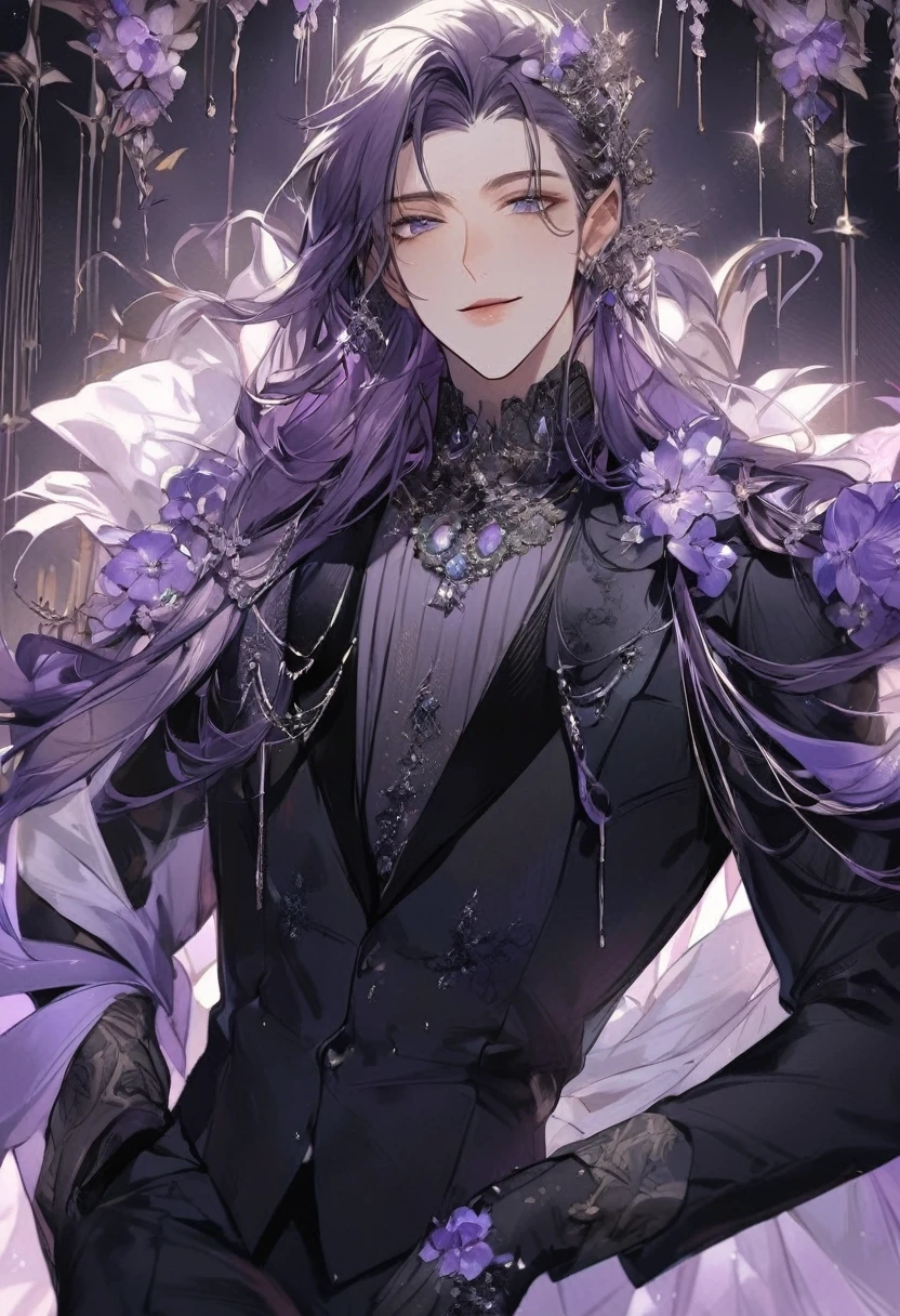 Boy, beautiful facial features, smile, squinted siren dark blue eyes without glare, silver and dark purple long hair with straight bang, fantasy black fit suit with blue and purple elements, long black gloves, model, gorgeous, elegant, lots of silver jewelry, flowers in his hair