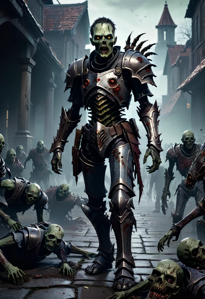 (master piece), 8k, best quality, panoramic view, full body view, undead, zombie with partial, armor, undead with broken armor, only some armor on undead