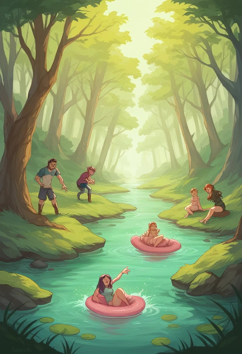 A spring in a fantasy forest, Hylas and the nymphs, 명화 'Hylas and the nymphs'의 판타지판, High drawing quality, Excellent appearance, There are a total of 7 characters, 6 women and 1 man., woman taller than man, Woman kidnapping man to the water, Clothing is underwear only, A woman's seductive eyes, 키 큰 여성, 복장은 알몸이 보일듯한