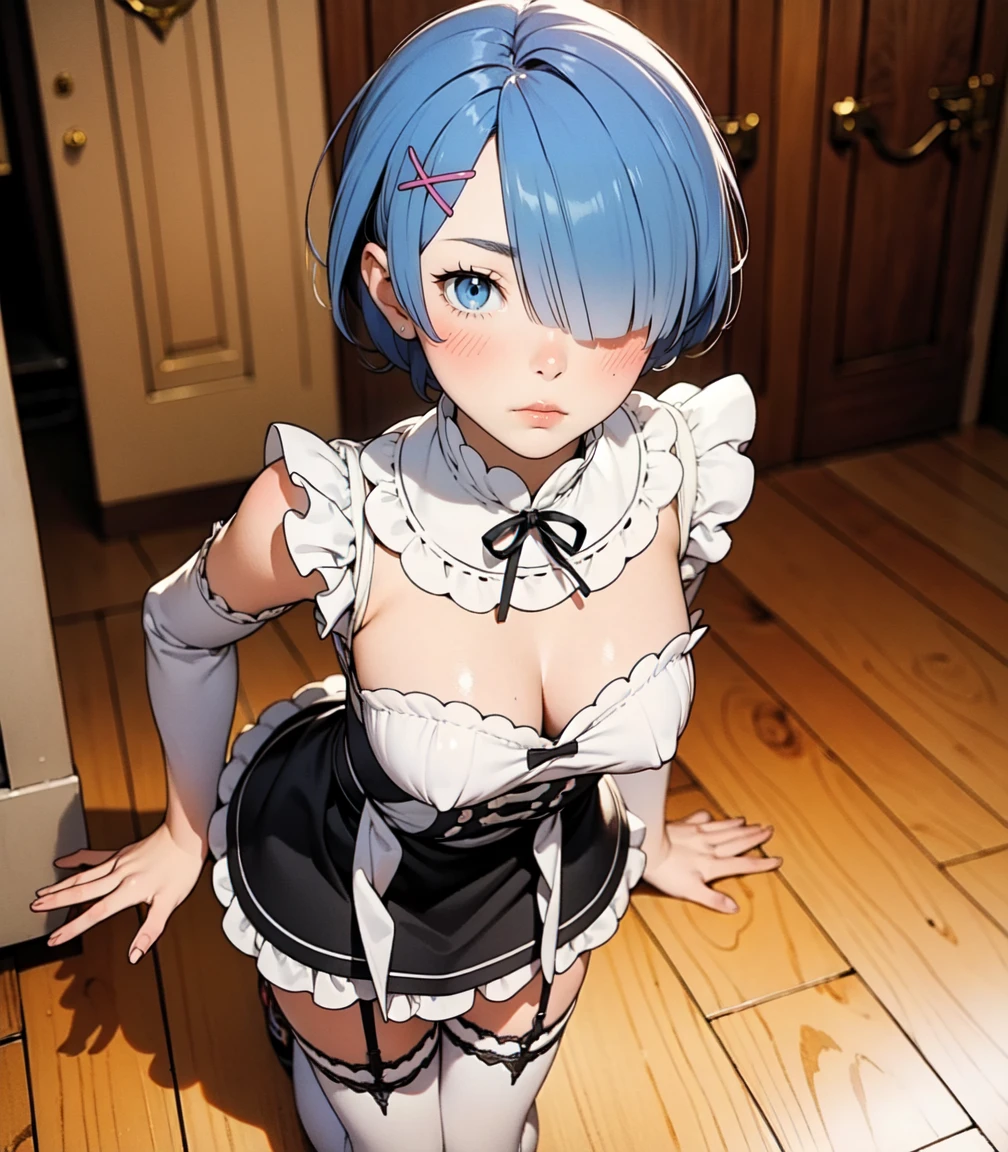 Masterpiece, best quality, 16k resolution, NVIDIA RTX Ray Tracing technology, Create a 4K resolution, ultra-realistic, and extremely detailed artwork, award winning, retina, soft light, sharp focus.(hyper-realistic:1.4) , (medium shot:1.5)
Rem from rezero, (remrin), cute, lustrous skin, enchanting gaze, blue hair, short hair, (hair over one eye:1.3), blue eyes, roswaal mansion maid uniform, black skirt, garter belt, intricate lace, apron, white thighhighs, looking at viewer, strongly ashamed, embarrased, blushing, epic, cinematic, dramatic, reflective, shining, purple glow, big breasts, cleavage, sexy, modeling pose, turned
smooth perfect skin, smooth_skin
Beautiful、(red blush)、big breasts,
FULL BODY SHOT, ultra wide angle, textured skin, face detail, clean skin, perfect hands, perfect anatomy, anatomically correct