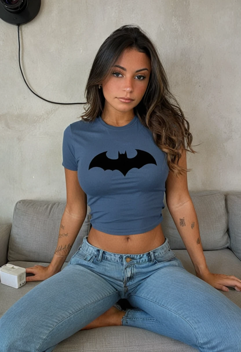 Femme ultra realistic; main ultra realistic; blue t-shirt top ;bat jean noir; regard fixe camera; lightly tanned skin ;ultra realistic ;elle est assise sur un canapé.