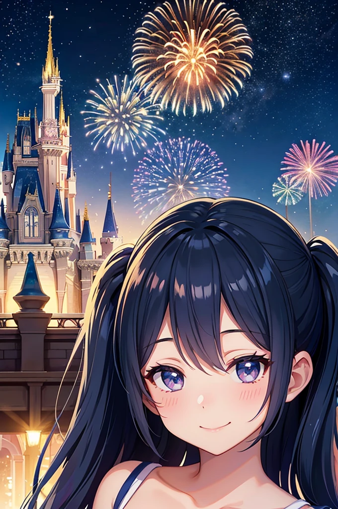 Disneyland Fireworks、Fireworks over Cinderella Castle、One girl,Expose the whole body,Nice face,Dark Eyes、Light blue long hair、Beautiful girl with twin tails,Fireworks across the sky、Bright smile、Warm and soft lighting,Night Sky,Starry Sky