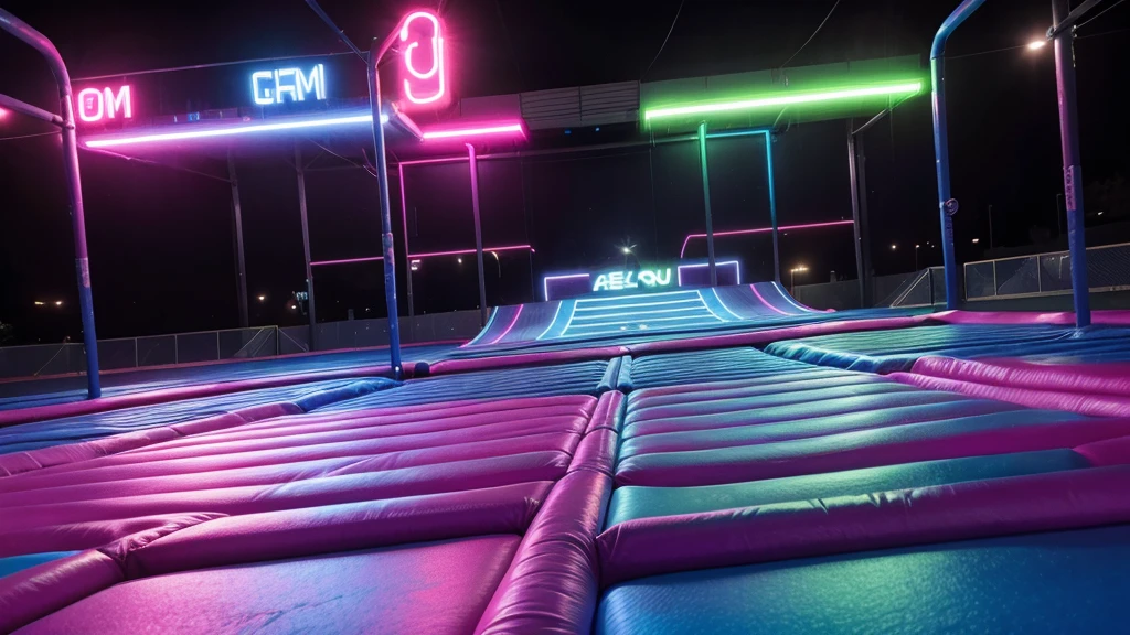 Neon trampoline park with neon blue predominant colors,neon red,Neon pink, PICTURE REALISTIC 