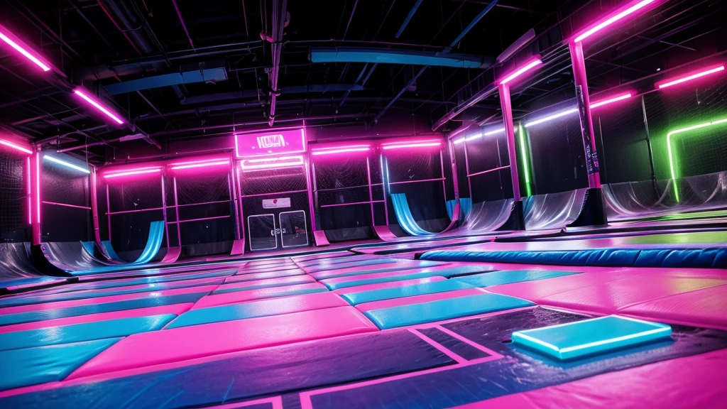 Neon trampoline park with neon blue predominant colors,neon red,Neon pink, PICTURE REALISTIC