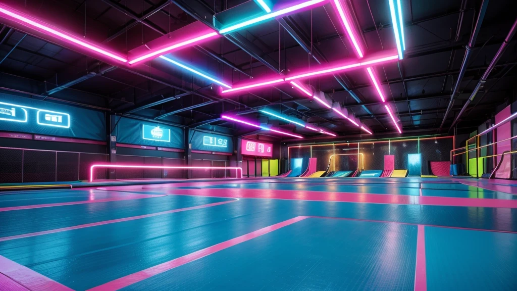 Neon trampoline park with neon blue predominant colors,neon red,Neon pink, PICTURE REALISTIC 