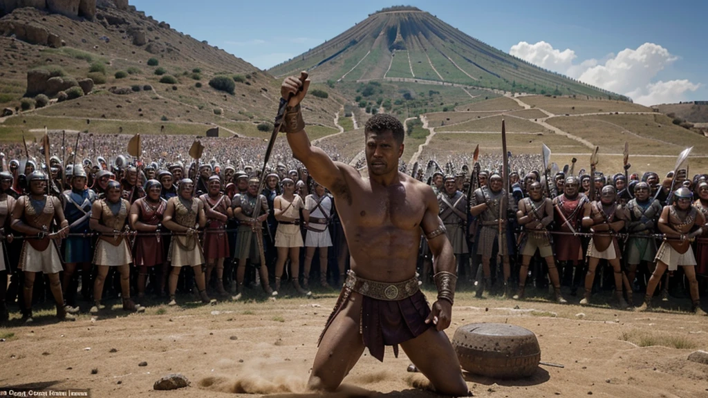 An epic image depicting the revolt of Spartacus, showing gladiators and slaves in a fierce battle against the Roman legions. The scene captures the intensity of the fight for freedom, with Spartacus bravely leading his men against a well-equipped army. In the background, Mount Vesuvius can be seen, symbolizing the symbolic beginning of the revolt.