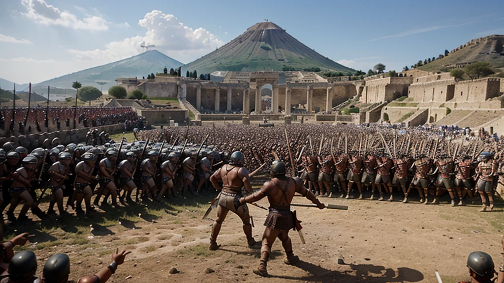 An epic image depicting the revolt of Spartacus, showing gladiators and slaves in a fierce battle against the Roman legions. The scene captures the intensity of the fight for freedom, with Spartacus bravely leading his men against a well-equipped army. In the background, Mount Vesuvius can be seen, symbolizing the symbolic beginning of the revolt.