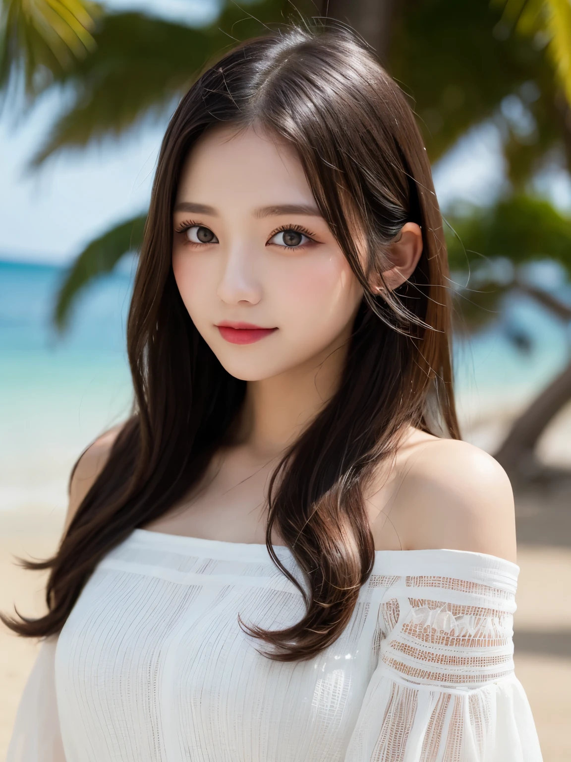 table top, highest quality, shape, Super detailed, finely, High resolution, 8k wallpaper, Perfect dynamic shape, beautiful and detailed eyes, D cup, natural color lip, random sexy pose,smile、20 year old girl、midnight、Beautiful and dense face、perfect and beautiful face,Big eyes、real photos(best image quality),Sheer off-shoulder dress (off white)、looking at camera、Please stand、Do gal makeup,blurred private beach background