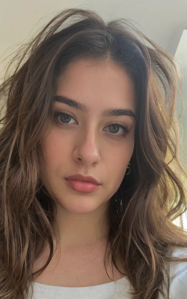 Довольно красивая русская девушка делает selfie, looking at the camera , selfie, LF, Very detailed, 19 years, innocent face, Brown hair, naturally wavy hair, Brown eyes, A high resolution, masterpiece, へそが見えている